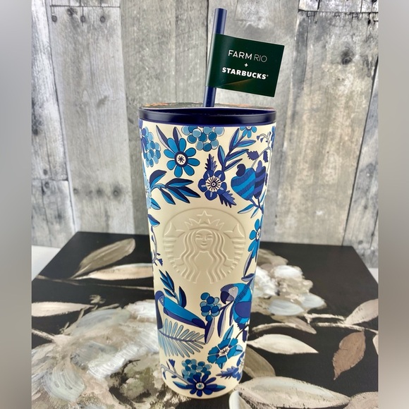 NWT Starbucks Farm Rio Limited Edition Blue & White Tropical Print Tumbl… - Picture 2 of 11
